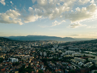 Aerial view of Sarajevo city at sunset in Bosnia and Herzegovina