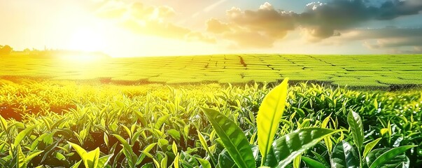 a tea leaf with a tea garden and sunset in the background