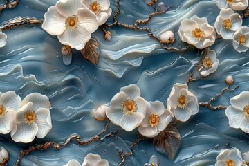 3D Floral Design with White Flowers on a Blue Background
