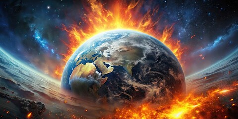 Obraz premium Apocalyptic scene of Earth's destruction in a cosmic armageddon, doomsday, chaos, destruction