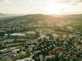 Aerial view of Sarajevo city at sunset in Bosnia and Herzegovina