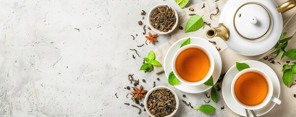 two cups of tea, tea cup and dry tea leaves on a textured white background