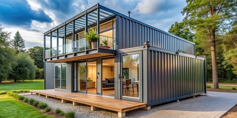 Modern container house made from reused shipping containers, showcasing minimalist design and sustainability, Container