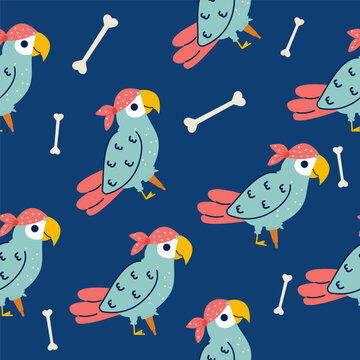 Parrot pirate character seamless pattern in flat design