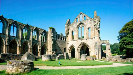 Fototapeta premium Partial view of Abbey of Beauport ruins on a sunny day with blue sky, Ruins, Abbey, Beauport, Paimpol, France