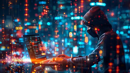 A computer hacker engages in digital crime, showcasing actual programming scripts, hacking tools, and the concept of malware. They have a background in hacking