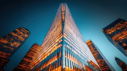 Fototapeta premium Craft a striking image of a skyscraper at night, with its illuminated facade creating a mesmerizing mirrored effect on nearby structures.