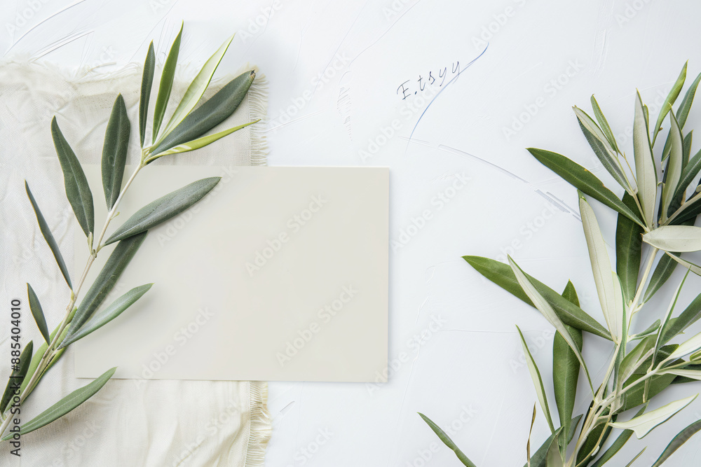 Poster photo of a blank card and envelope on a white background, top view. web banner with space on the rig