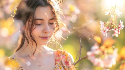 Fototapeta premium A girl in a floral print dress, with light accessories and a fresh look, standing in a spring garden filled with cherry blossoms and lush greenery,