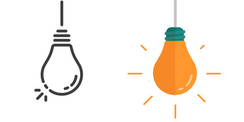 Light bulb line outline stroke art hanging on wire icon vector isolated cut out modern design illustration set, lightbulb lamp flat cartoon simple illustration image clip art
