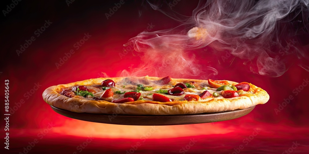 Poster Floating hot pizza on a red background with smoke, pizza, floating, hot, red, background, smoke, food, delicious, Italian, cuisine