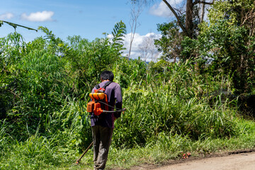 back shot of a person cutting a grass