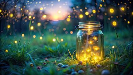Magical jar of fireflies glowing in a night-time meadow with bokeh lights, fireflies, jar, magical, glowing
