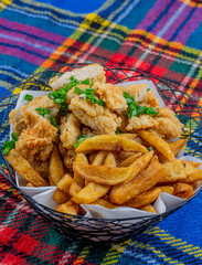 fried chicken and potato wedges, sprinkled with green onion on a picnic blanket. 
