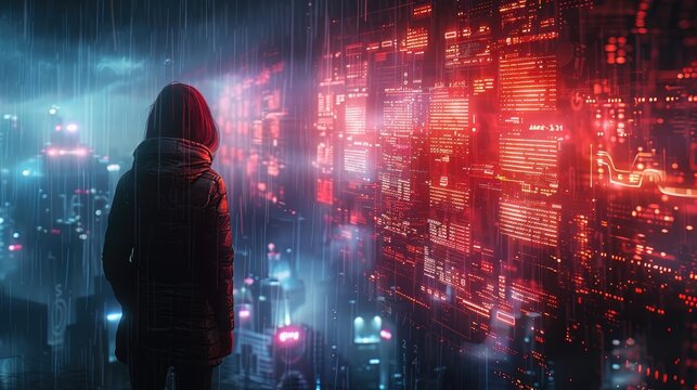 Lone figure in a futuristic cityscape, surrounded by digital screens and neon lights, symbolizing technology and cyberpunk themes.