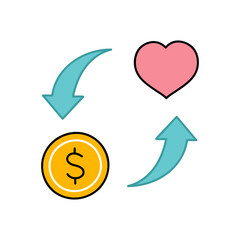 coin and heart shape and rotating arrows hand drawn color vector illustration