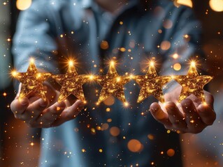 Businessman holding five glowing golden stars, symbolizing excellent service evaluation, customer satisfaction concept