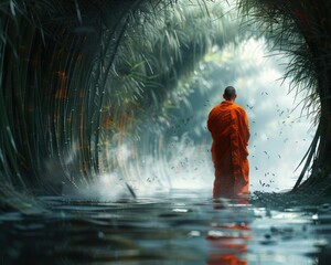 Fototapeta premium Serene Novice Monk Walking in Bamboo Forest with Ethereal Naga Figures - Mystical Journey in 8K Resolution