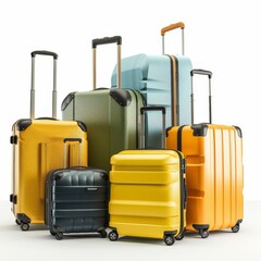 Color suitcases set isolated, modern travel bags group, handbags pack, different luggages, baggage collection