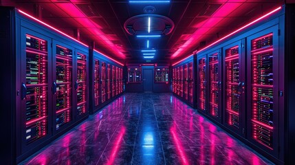 Modern server room with vibrant neon lights, showcasing advanced technology and infrastructure for data management and storage.