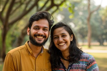 Fototapeta premium Portrait of a grinning indian couple in their 20s wearing a simple cotton shirt while standing against bright and cheerful park background
