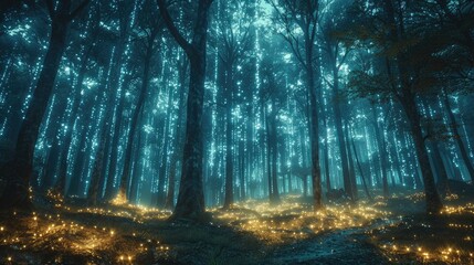 Obraz premium Mystical forest illuminated by vibrant blue light, with glowing fireflies creating an enchanting and magical atmosphere.