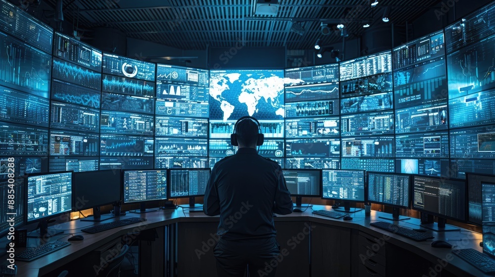Aufkleber person monitoring multiple screens in a futuristic control room. surveillance and data analysis cent