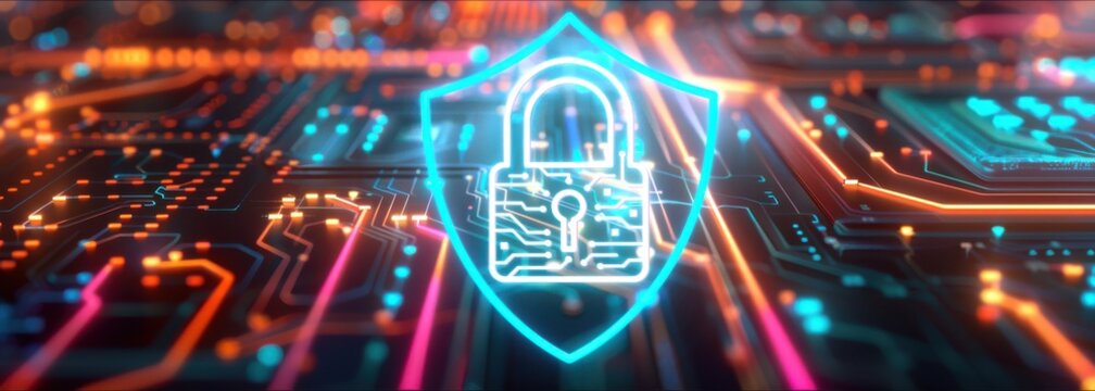 AI assistant with glowing security interface, Internet Safety, safeguarding AI usage