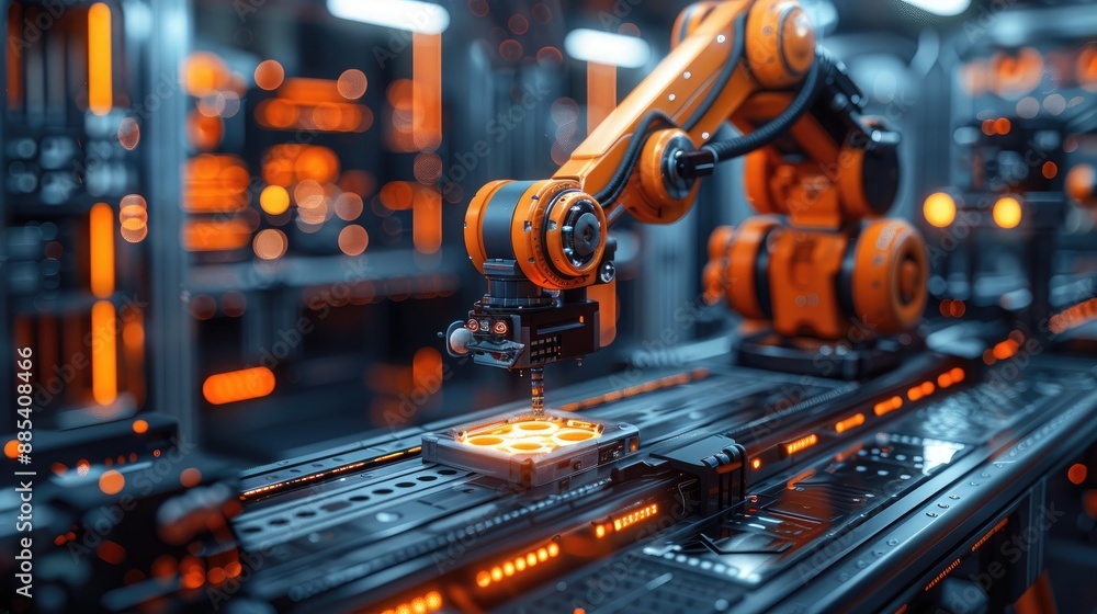 Poster robotic arm working in a high-tech factory with advanced automation, illustrating modern industry an