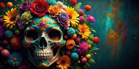 Colorful skull adorned with vibrant flowers, skull, colorful, flowers, bright, vibrant, decoration