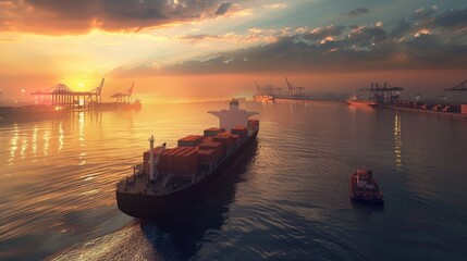 Dusk Arrival Majestic Cargo Ship Bringing Global Commerce to Bustling Port