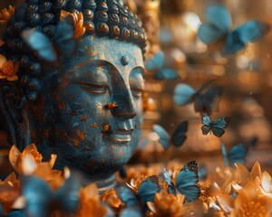 Tranquil Thai Buddha Statue Surrounded by Lotus Flowers and Butterflies in Mystical Light - Hyper-realistic 8k Resolution Image