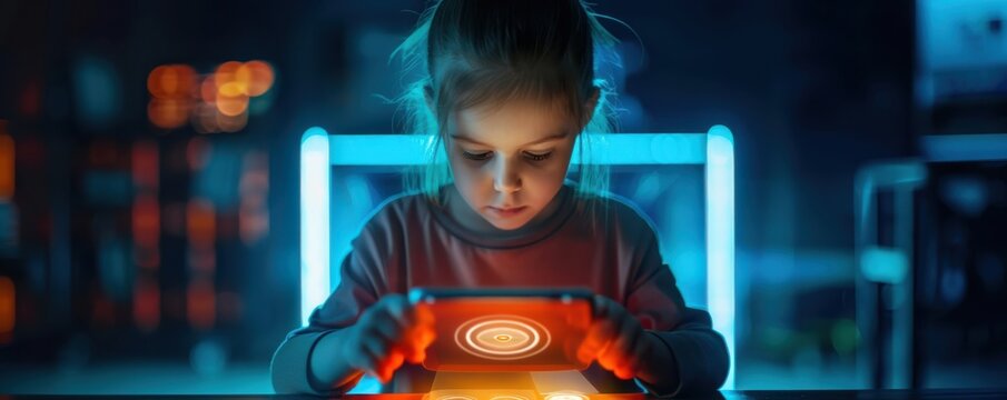 Child holding a tablet with a digital shield overlay, Internet Safety, protecting young users