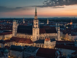 Panoramic view of Munich city center at dusk
