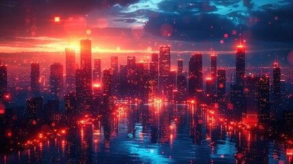 Fototapeta premium Stunning futuristic cityscape at dusk with glowing red lights reflecting on water, showcasing modern skyline and twilight atmosphere.