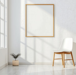 Bright Minimalistic Room with Single Chair and Blank Poster Frame on White Wall