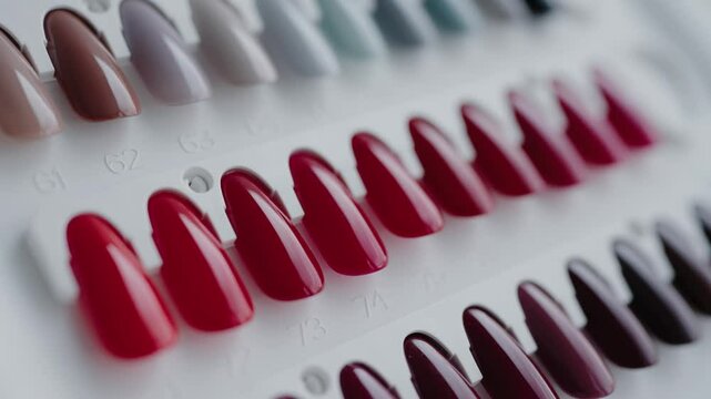 Close-up view of colorful nail polish samples in various shades of red and others, organized in rows. Close-Up of Nail Polish Samples in Various Shades and Colors