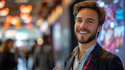 Naklejka premium A businessman confidently networking at an industry event, smiling and exchanging business cards with a new contact, sleek venue with glass walls, digital screens showcasing company logos,