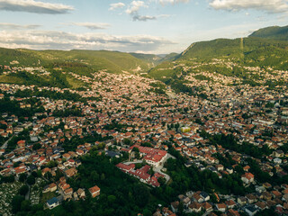 Aerial view of Sarajevo city at sunset in Bosnia and Herzegovina