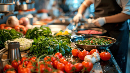 Cooking instructor teaching a group, with a variety of fresh ingredients and cooking tools on the counter