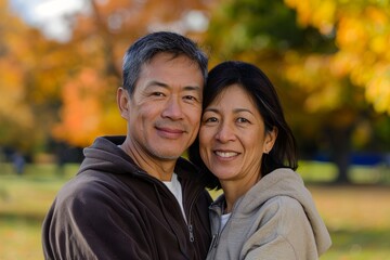Fototapeta premium Portrait of a satisfied asian couple in their 40s wearing a zip-up fleece hoodie in bright and cheerful park background