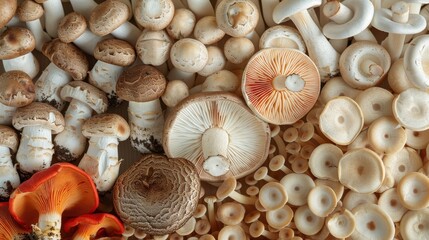 A beautiful photo of an assortment of mushrooms, including shiitake and button mushrooms