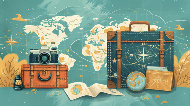 Creative lettering with a travel theme, featuring a camera, map, and suitcase icons