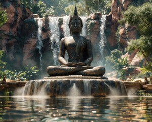 Tranquil Thai Buddha Statue with Ethereal Waterfall in Mystical Forest - Hyper-realistic 8k Resolution Image