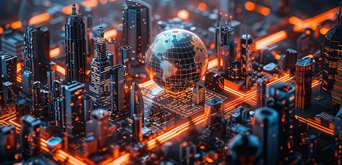 a background of a globe in the middle of the city with a futuristic concept