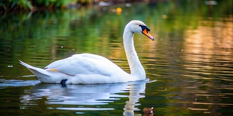 Fototapeta premium Adorable white swan swimming on a tranquil pond, swan, water bird, graceful, elegant, feathers, wildlife, nature, animal