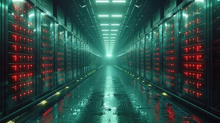 A futuristic, neon-lit data center with rows of powerful servers, highlighted by glowing red and green lights reflecting on the floor.