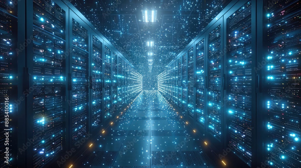 Aufkleber a futuristic data center with rows of illuminated server racks processing high volumes of digital in
