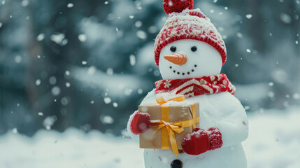 Fototapeta premium Snowman Holding Gift in Winter Wonderland