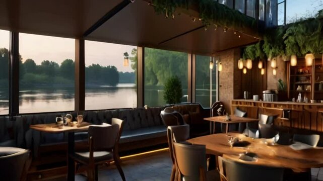 A luxurious cafe restaurant with a vintage theme is located on the edge of a large river, with several large trees visible on the edge of the river.